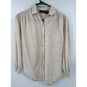 Lemon Grass womens cream tan linen blend button front blouse top size M